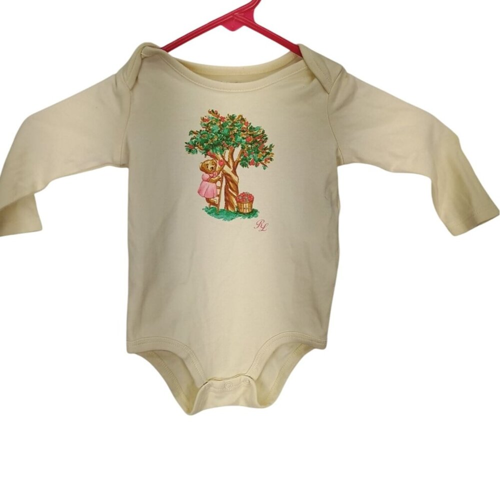 Ralph Lauren Baby White Long Sleeve Onesie With‎ Bear & Tree Print